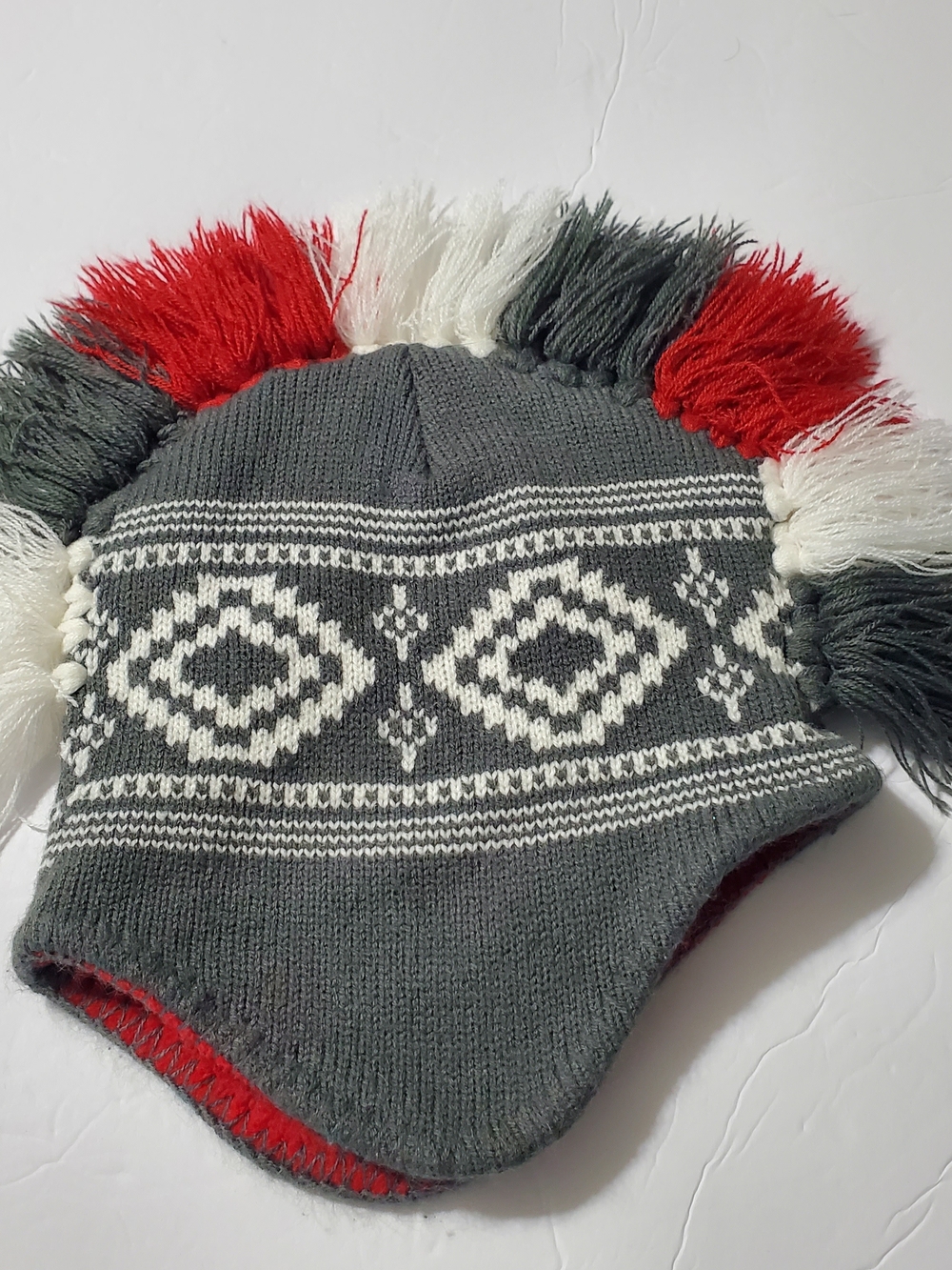 Kids Gray Earflap Knit Hat with Red & White Trim
